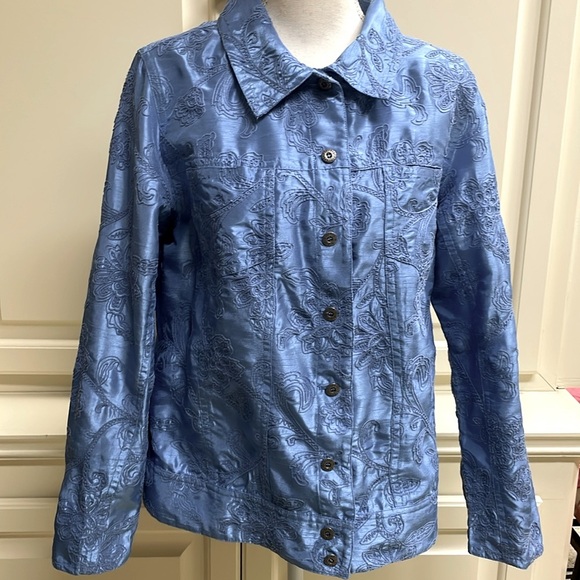 Susan Graver Blue Dupioni Texture Satin Floral Embroidery Jacket Coastal Grandma - Picture 12 of 12